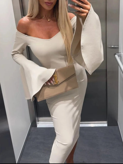 Off Shoulder Bell Sleeve Bodycon Midi Dress - adritiX