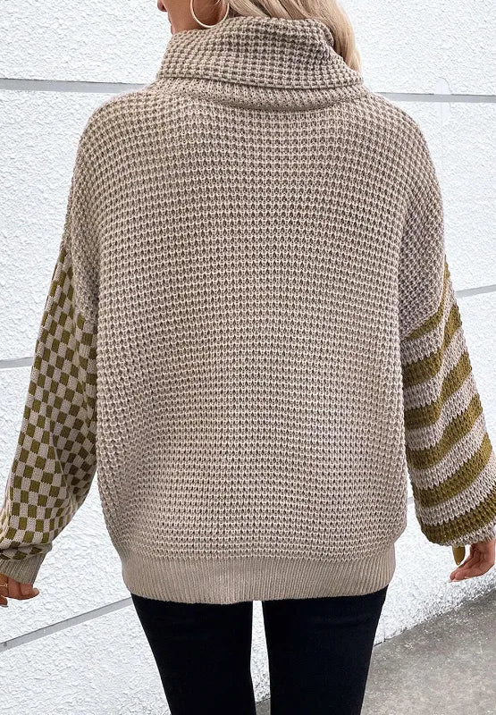 Striped & Checkered Turtleneck Dropped Shoulder Sweater - adritiX