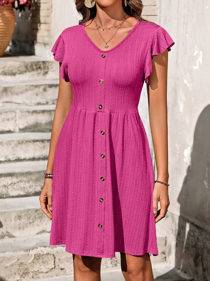 V-Neck Ruffled Cap Sleeve Dress - adritiX