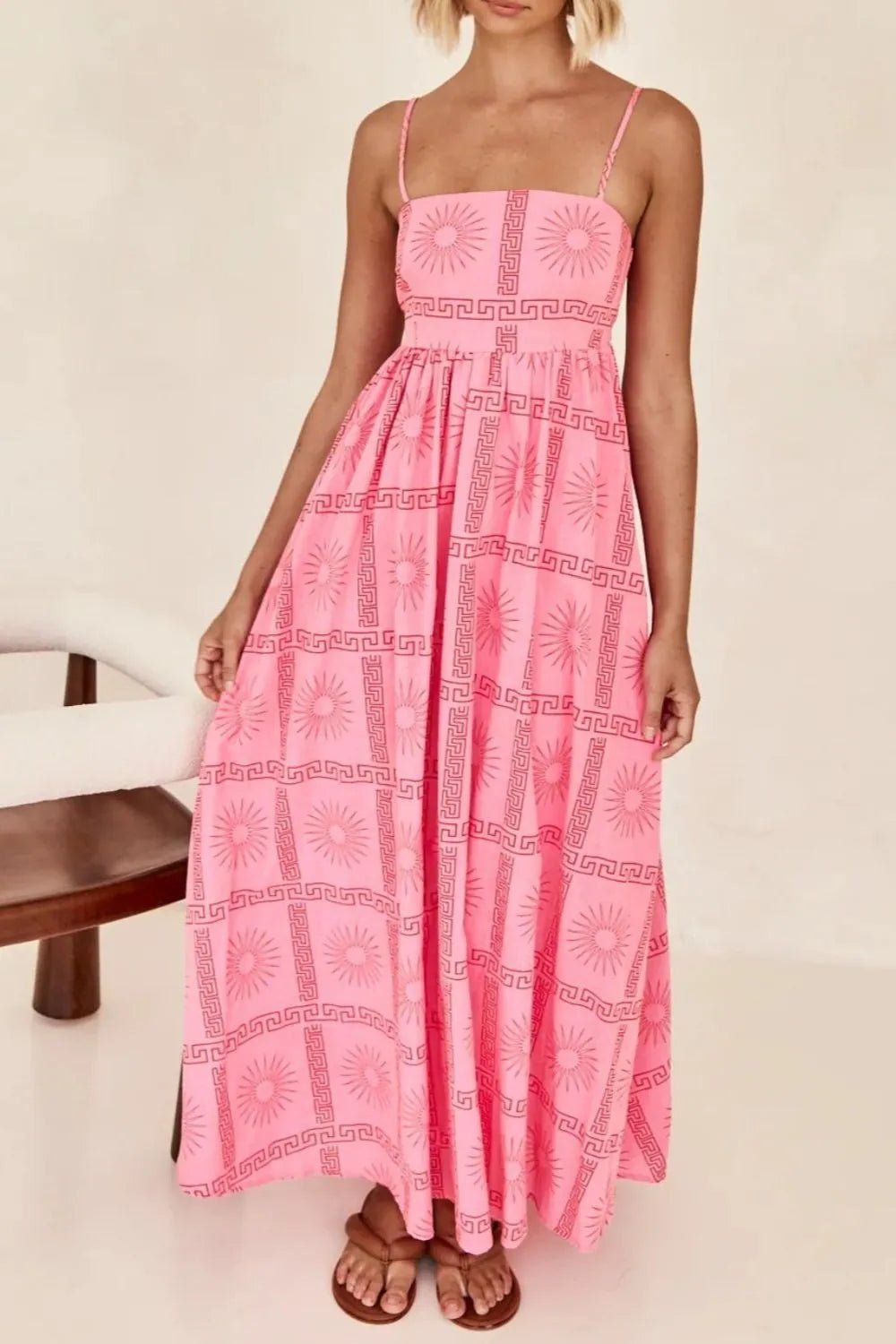 Cutout Back Printed Square Neck Maxi Cami Dress - adritiX