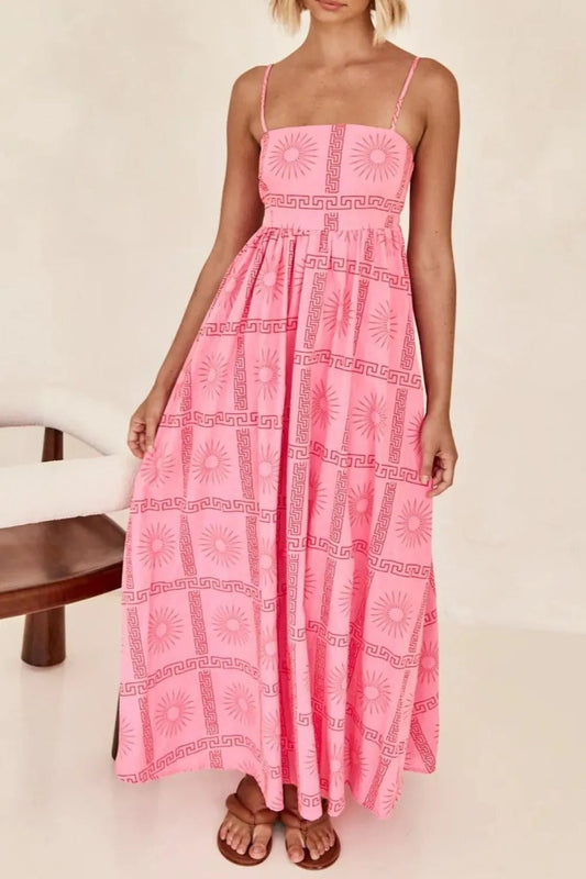 Cutout Back Printed Square Neck Maxi Cami Dress - adritiX
