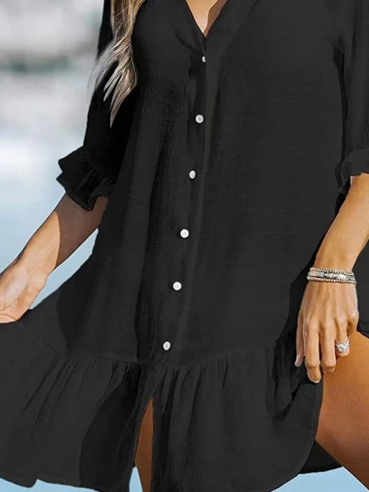 V-Neck Button Down Beach Cover Up Dress - adritiX