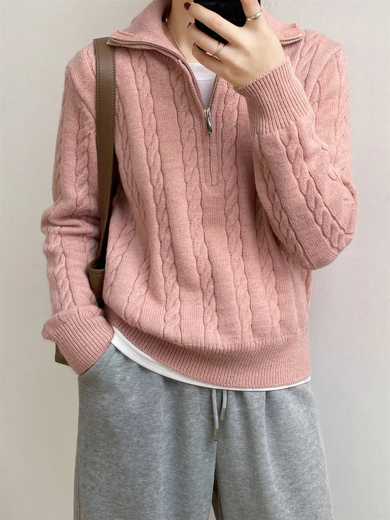 Cable-Knit Half Zip Long Sleeve Sweater - adritiX
