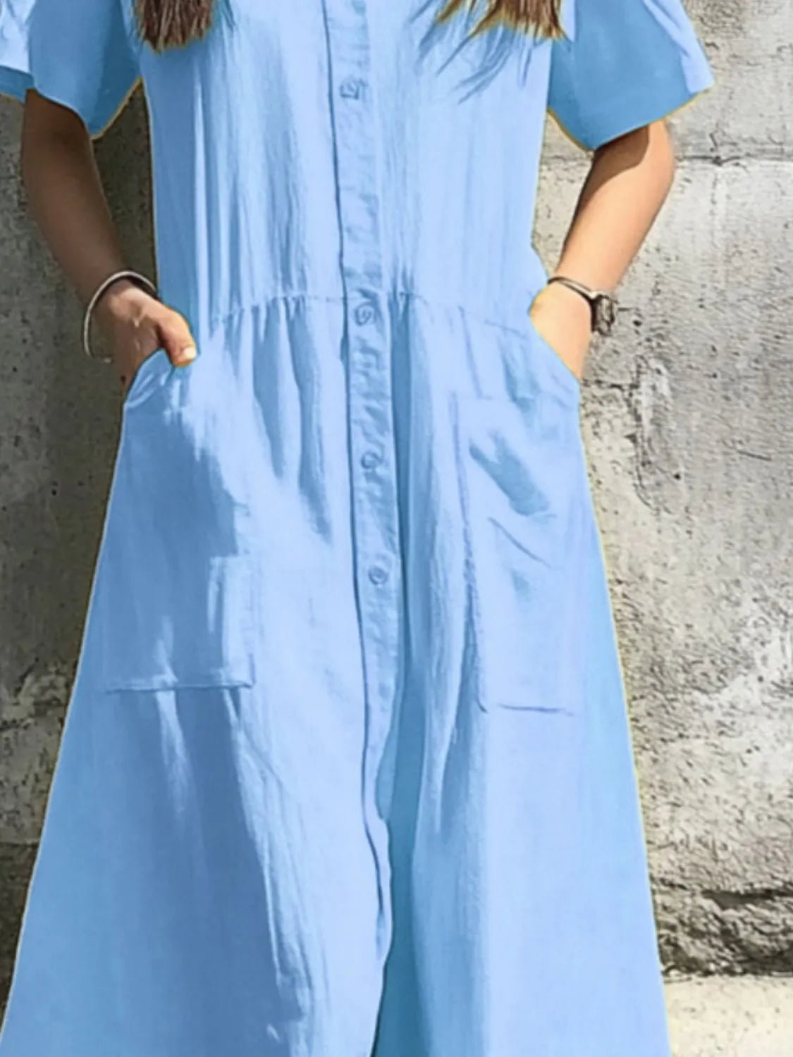 Button Front Short Sleeve Midi Dress - adritiX