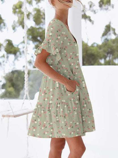 Polka Dot V-Neck Short Sleeve Mini Dress - adritiX