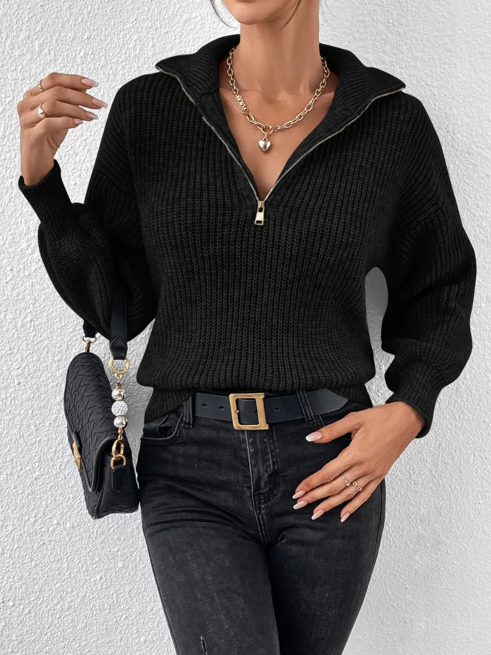 Elegant Honey Half Zip Dropped Shoulder Sweater - adritiX