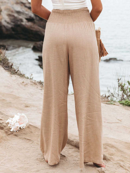 Brighter Days Full-Length Smocked Waist Wide-Leg Pants for Effortless Style - adritiX