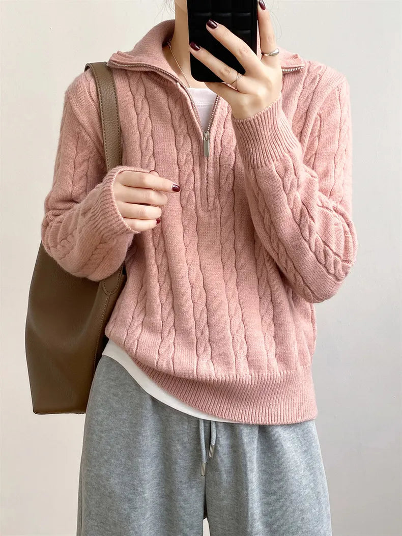 Cable-Knit Half Zip Long Sleeve Sweater - adritiX