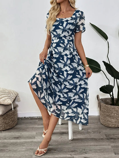 Printed Square Neck Midi Dress - adritiX