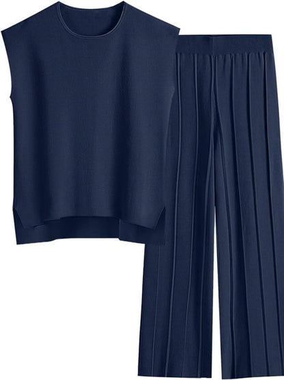 Round Neck Cap Sleeve Top and Pants Knit Set - adritiX