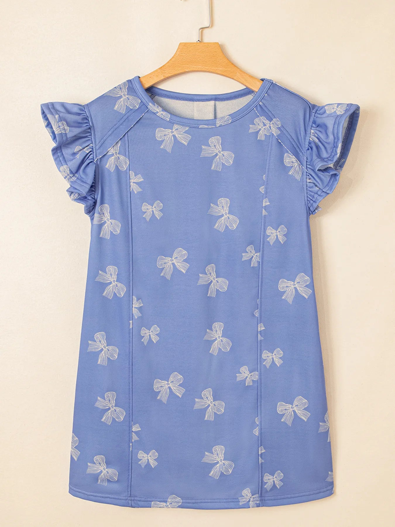 Bow Knot Print Crewneck Ruffled Sleeve Shift Mini Dress - adritiX