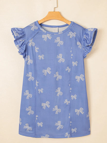 Bow Knot Print Crewneck Ruffled Sleeve Shift Mini Dress - adritiX