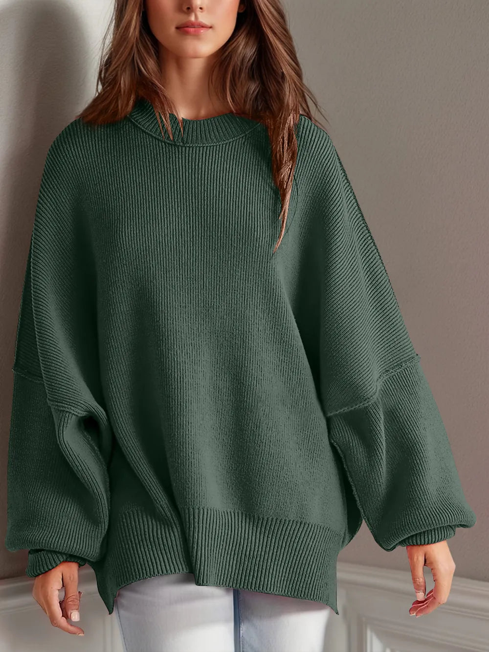Double Take Side Slit Round Neck Long Sleeve Sweater - adritiX