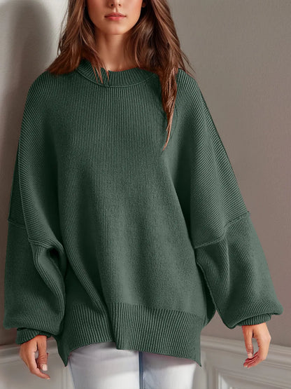Double Take Side Slit Round Neck Long Sleeve Sweater - adritiX