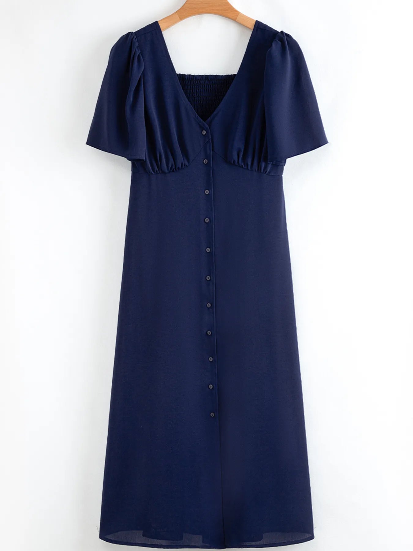 V Neck Buttoned Front Shirred Back Short Sleeve Midi Dress - adritiX