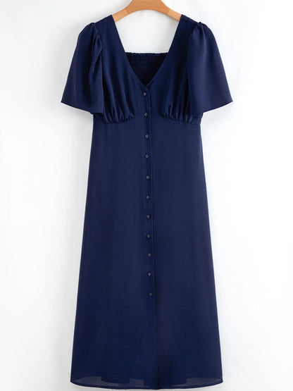 V Neck Buttoned Front Shirred Back Short Sleeve Midi Dress - adritiX