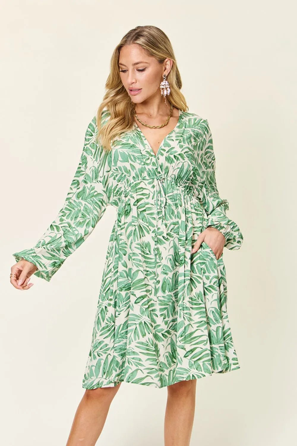 Double Take Full Size Printed Ruched Balloon Sleeve Dress - adritiX