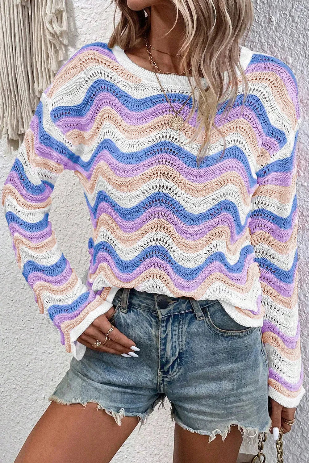 Contrast Wave Stripe Long Sleeve Sweater - adritiX
