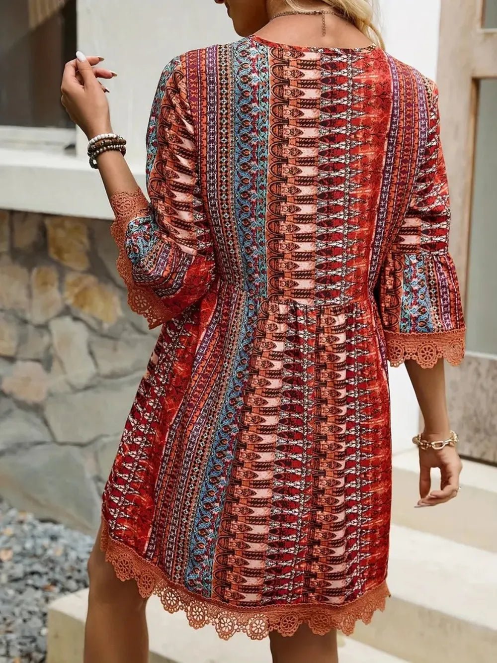 Elegant Lace Trim Printed V-Neck 3/4 Sleeve Dress - adritiX