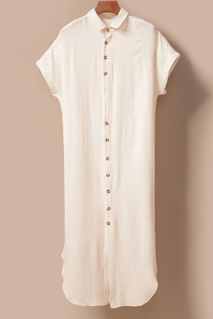 Button Down Short Sleeve Midi Shirt Dress - adritiX