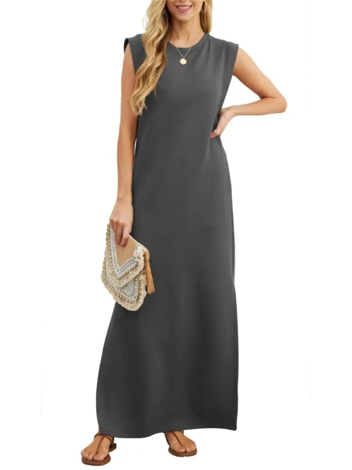 Full Size Slit Round Neck Sleeveless Maxi Tank Dress Plus Size - adritiX