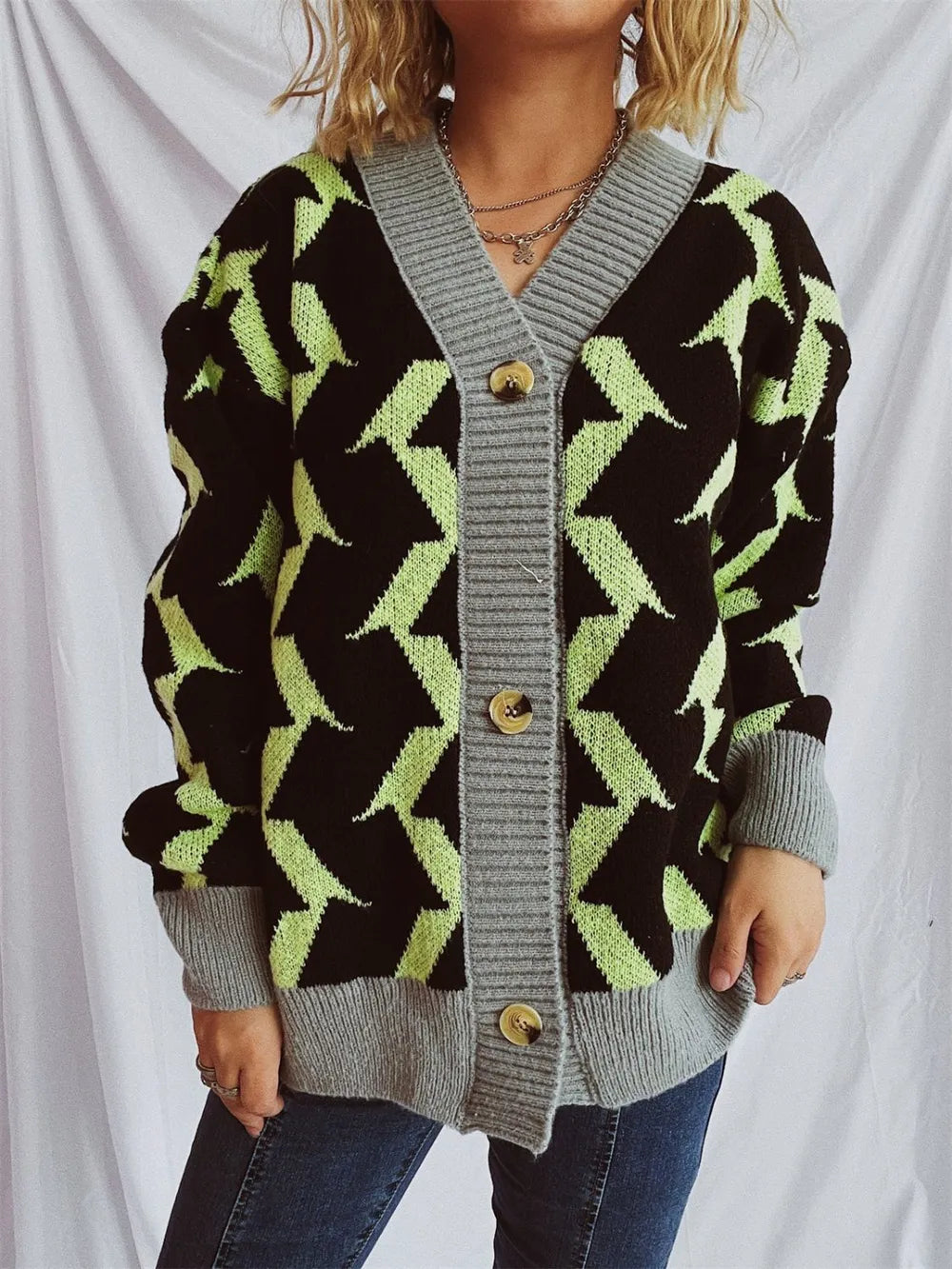 Contrast Trim Geometric V-Neck Long Sleeve Cardigan - adritiX