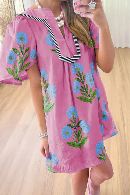 Floral Notched Summer Mini Dress with Striped Trim - adritiX