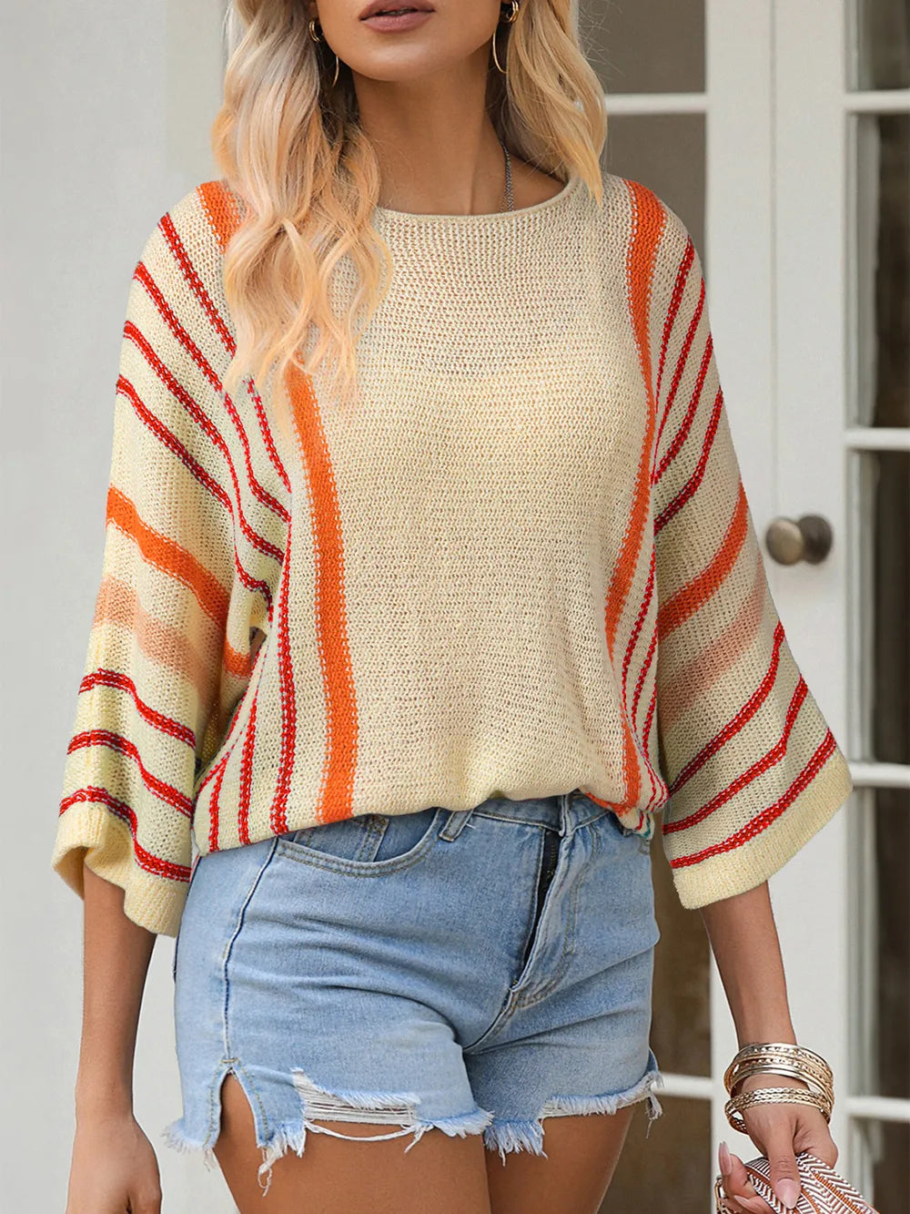 Striped Boat Neck Three-Quarter Sleeve Knit Top - adritiX