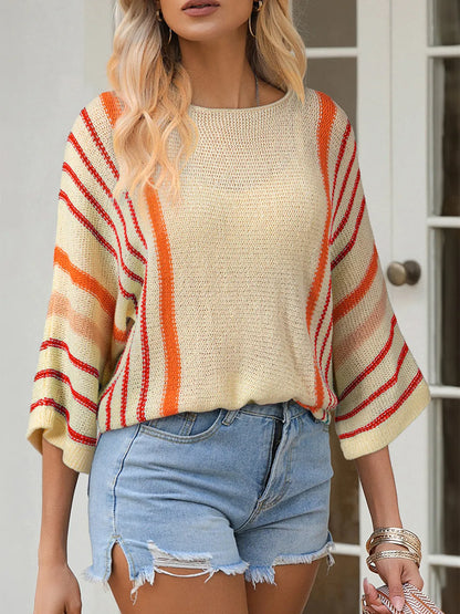 Striped Boat Neck Three-Quarter Sleeve Knit Top - adritiX