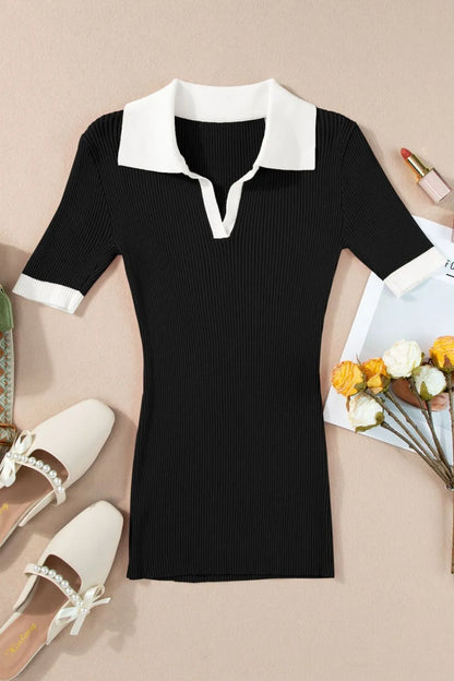 Contrast Collared Neck Ribbed Knit Top - adritiX