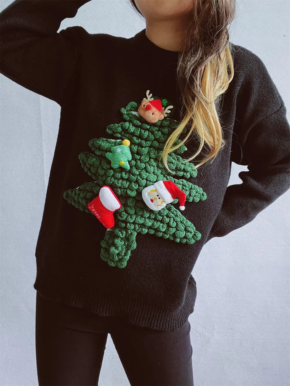 Elegant Christmas Tree Round Neck Long Sleeve Sweater - adritiX
