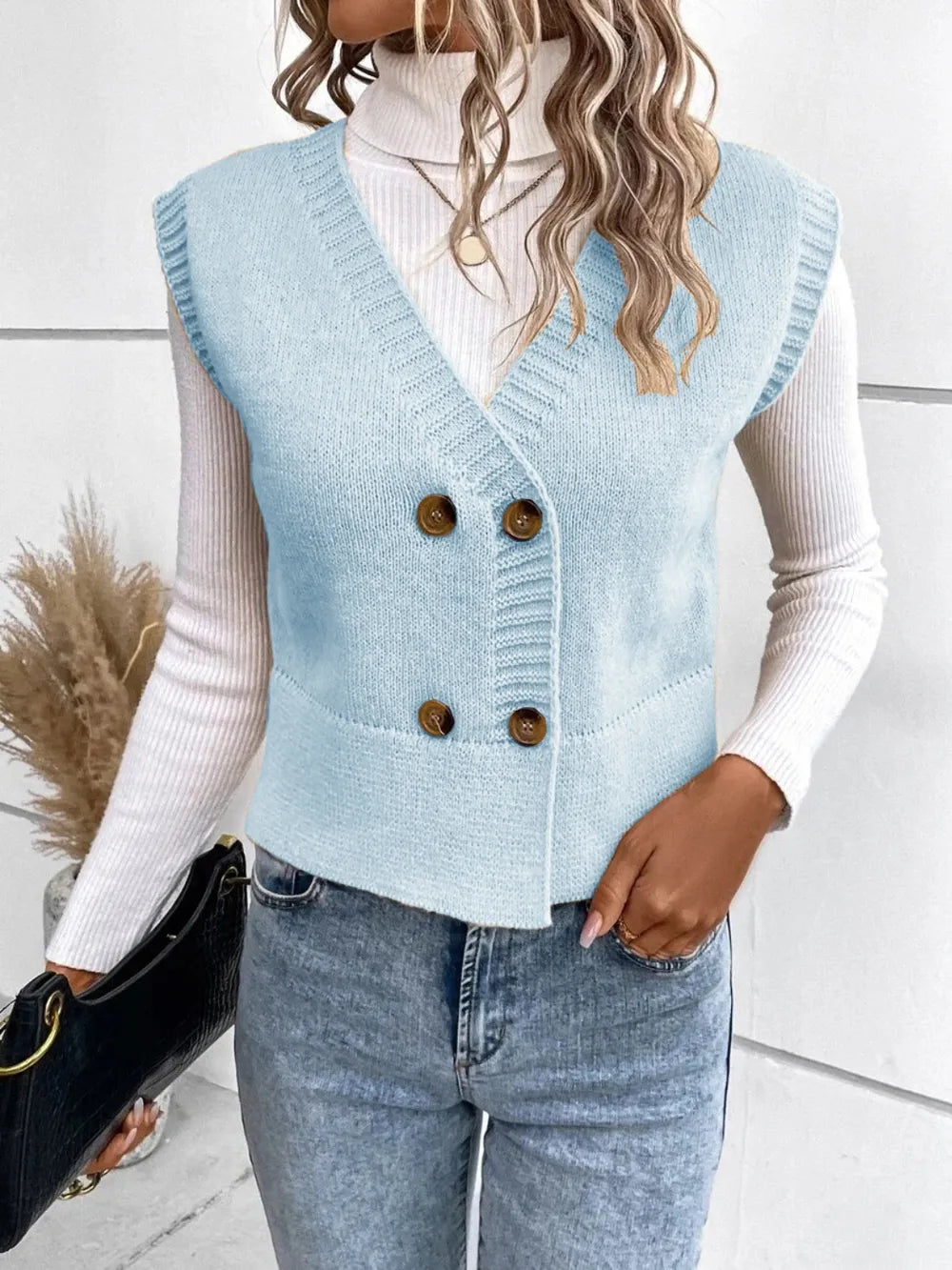 Full Size Button Up V-Neck Sweater Vest - adritiX