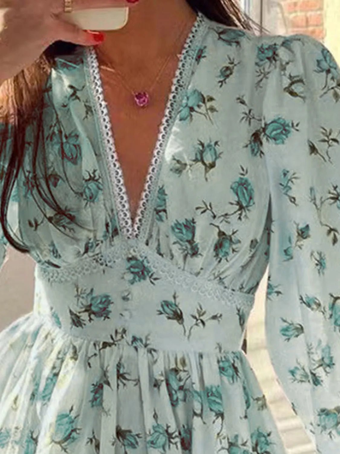 Lace Detail V-Neck Balloon Sleeve Dress - adritiX