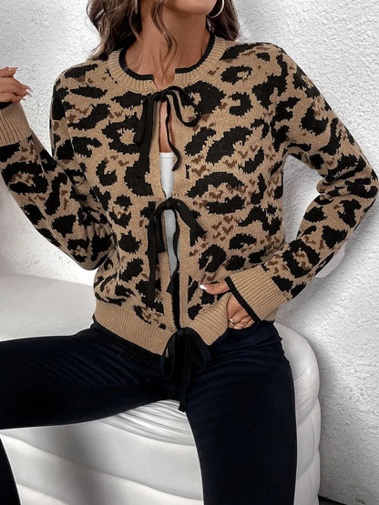 Perfee Tied Leopard Long Sleeve Cardigan - adritiX