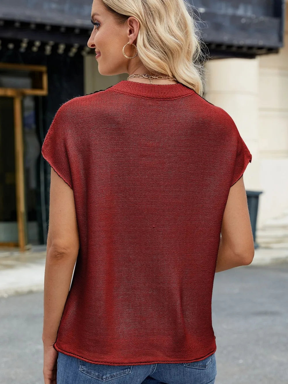 Exposed Seam Round Neck Short Sleeve Sweater - adritiX