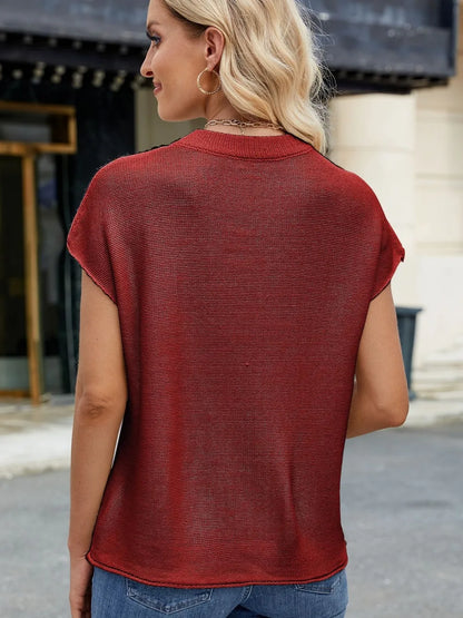 Exposed Seam Round Neck Short Sleeve Sweater - adritiX