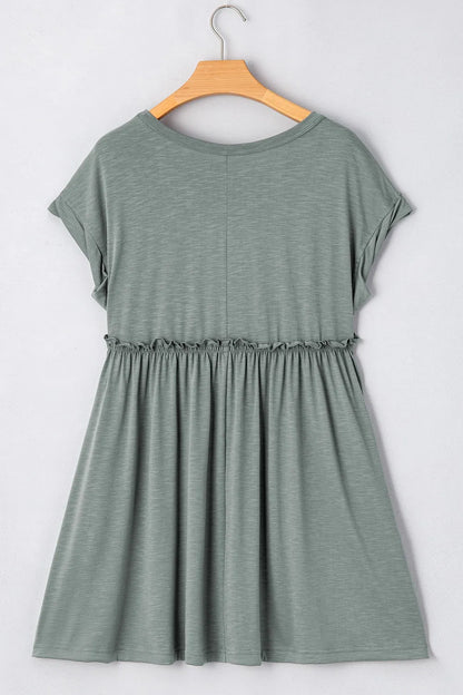 Frilled Gathered Seam Round Neck T Shirt Dress - adritiX