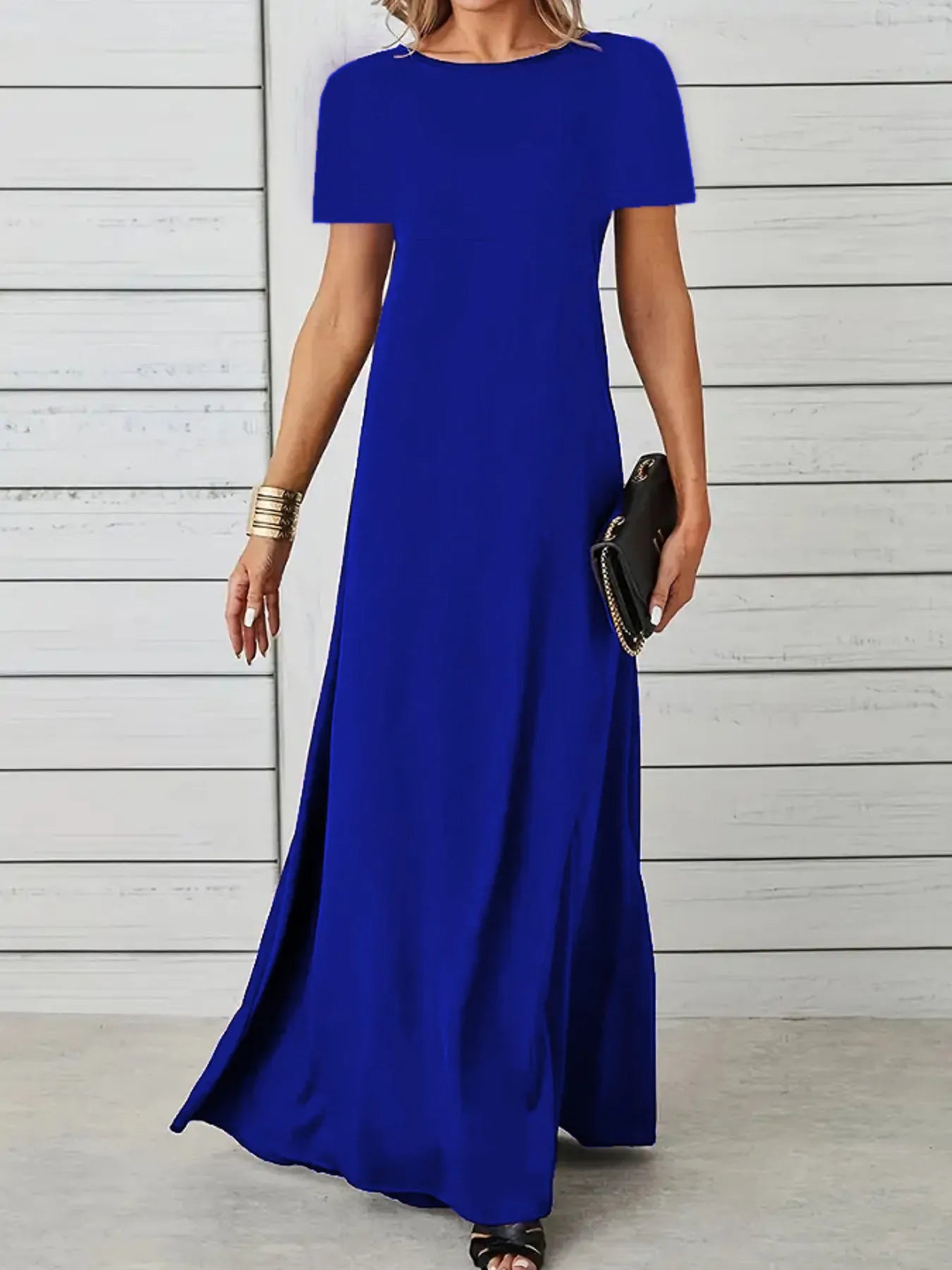 Full Size Round Neck Short Sleeve A-Line Maxi Dress Plus Size - adritiX