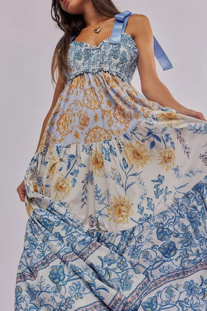 Floral Tiered Maxi Dress with Mixed Print Design - adritiX