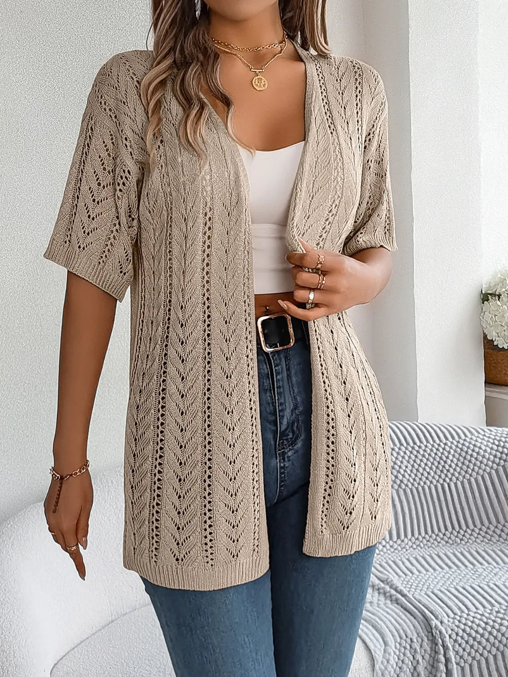 Openwork Open Front Half Sleeve Cardigan - adritiX