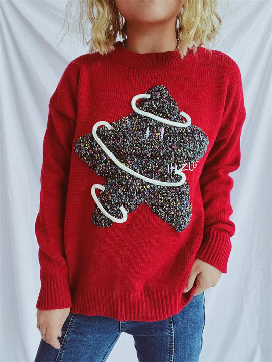 Contrast Star Round Neck Long Sleeve Sweater - adritiX