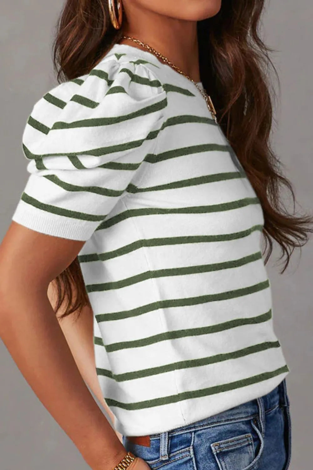 Striped Round Neck Puff Sleeve Knit Top - adritiX