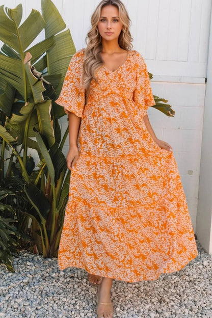 Floral Print Smocked V Neck Wide Sleeve Maxi Dress - adritiX