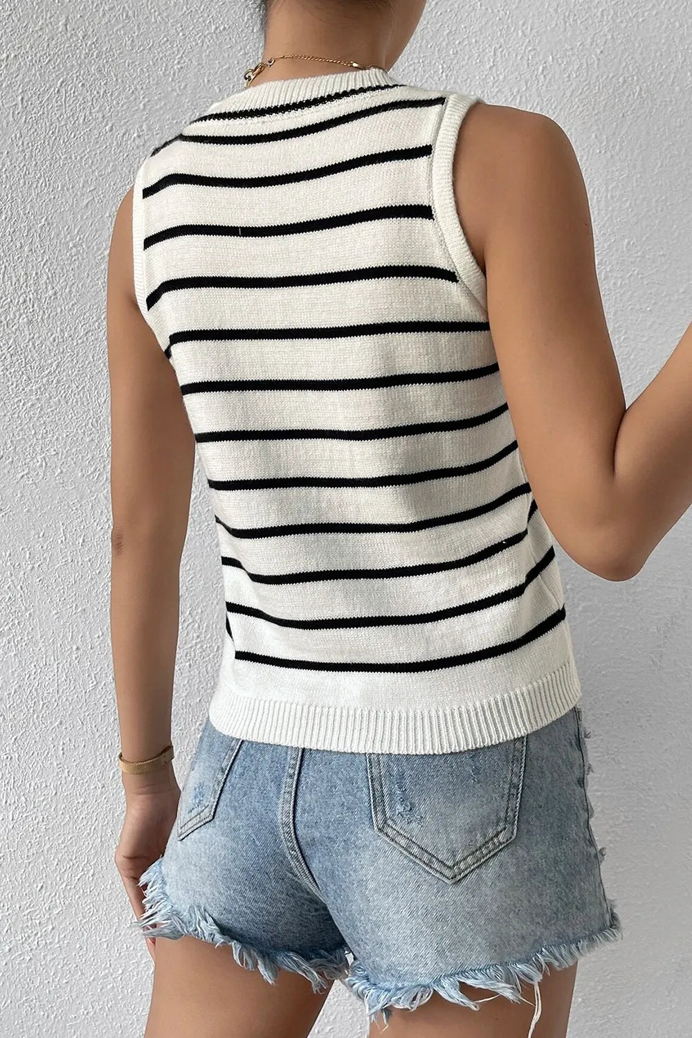 Striped Round Neck Knit Vest - adritiX
