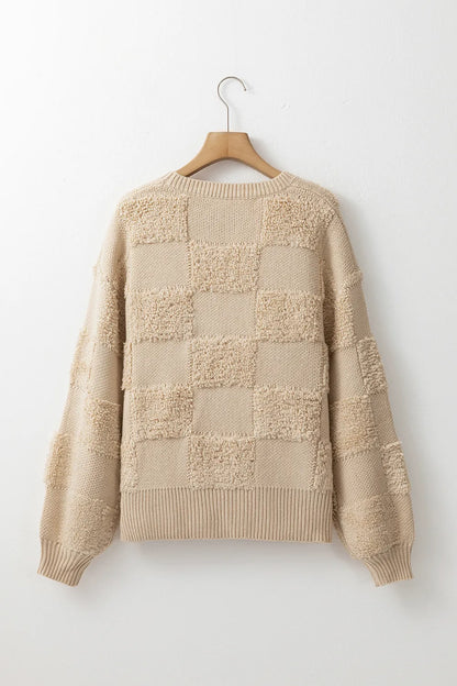 Checkered Round Neck Dropped Shoulder Sweater - adritiX