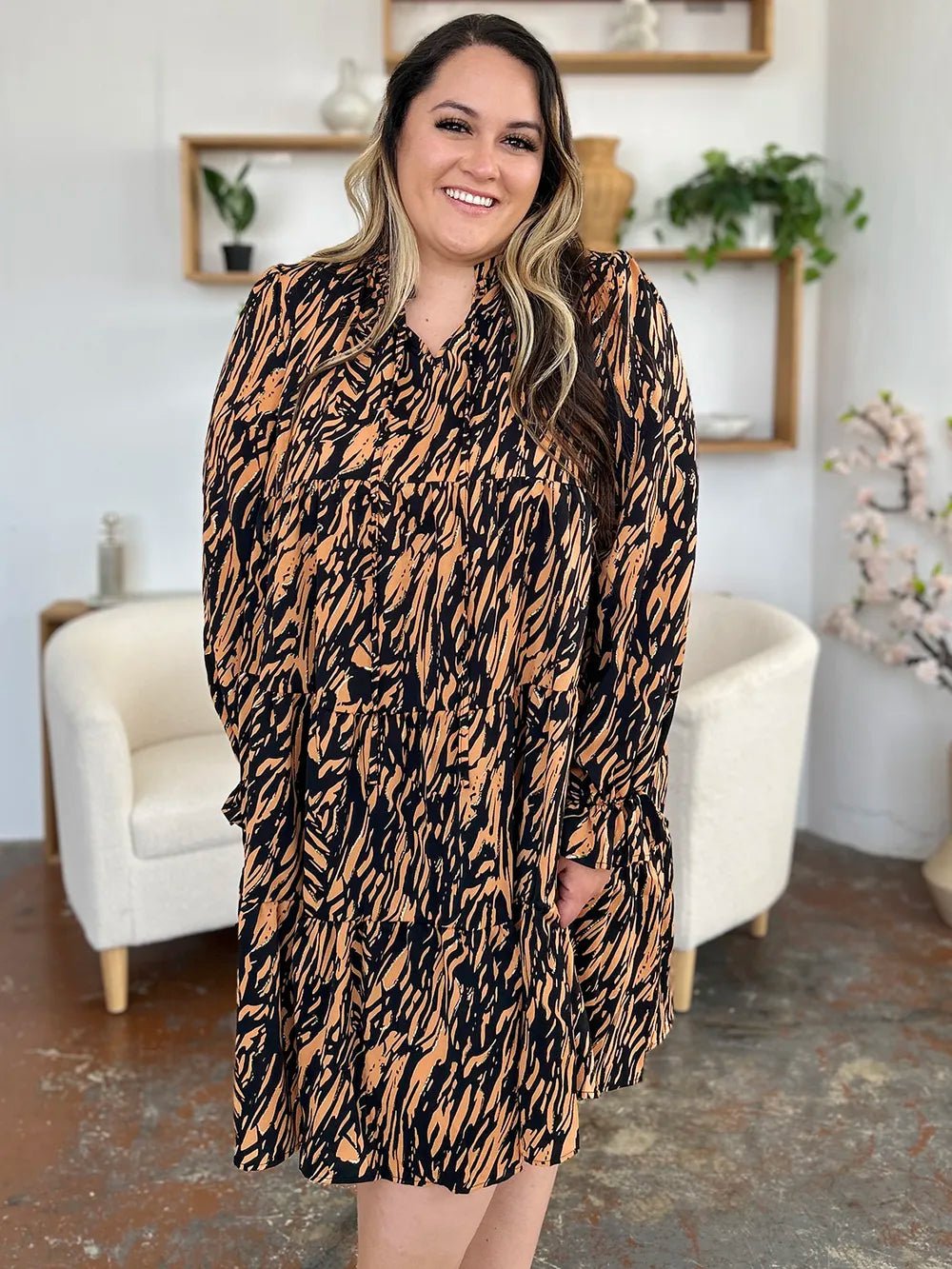 Double Take Full Size Printed Ruffle Hem Long Sleeve Dress - adritiX