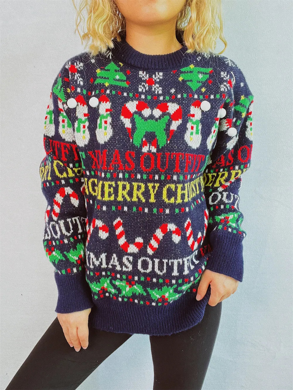 Christmas Pattern Round Neck Long Sleeve Sweater - adritiX