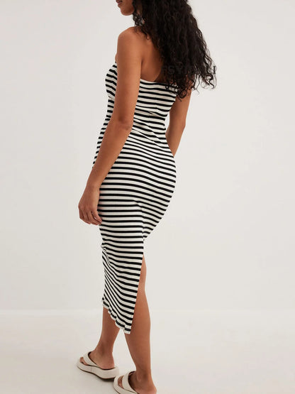 Slit Back Striped Strapless Bodycon Midi Dress - adritiX