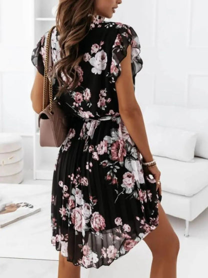 Floral Surplice Ruffled Cap Sleeve Dress - adritiX