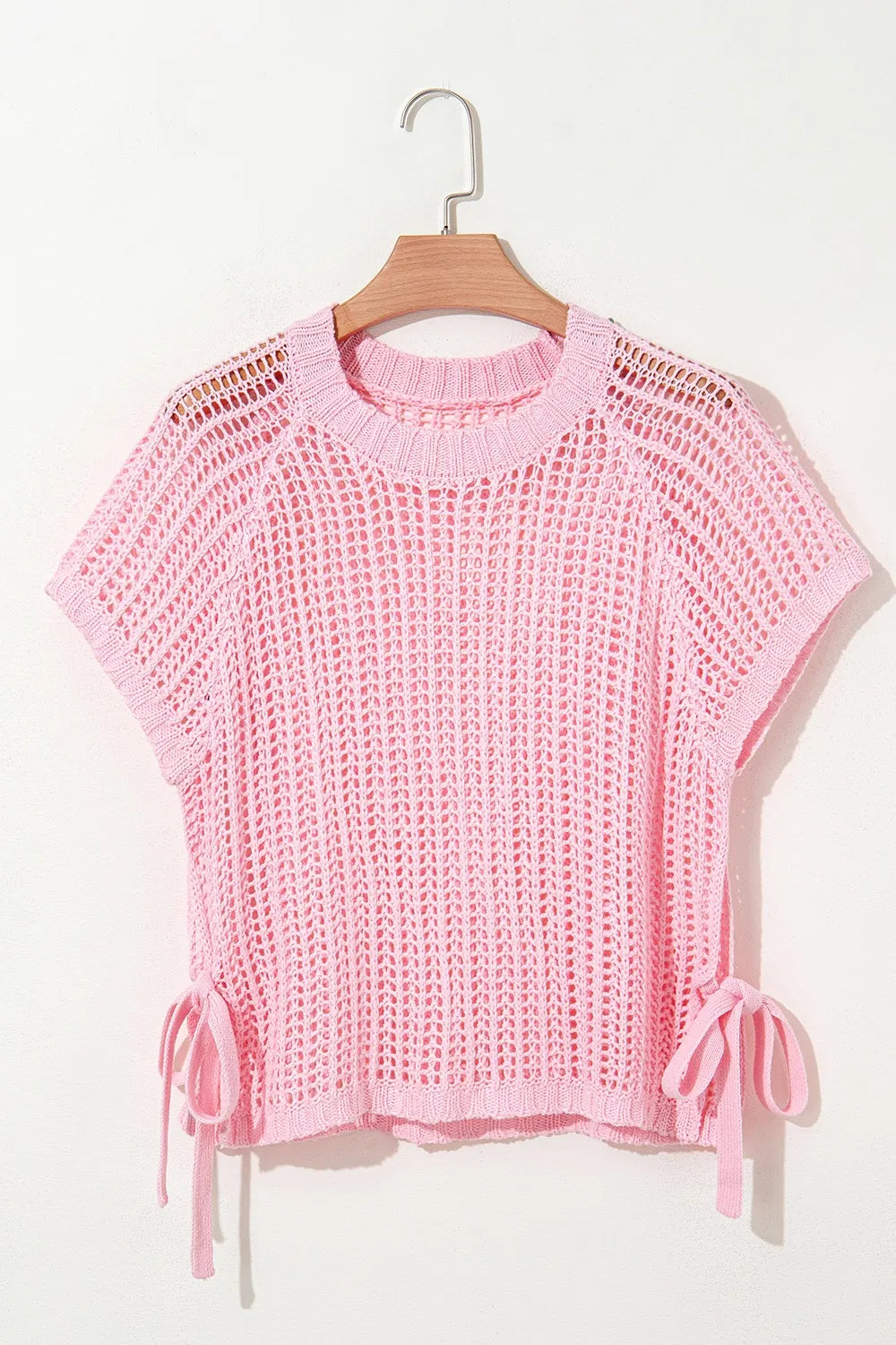 Hollow-out Crochet Side Tied Short Sleeve Knit Cover Up - adritiX